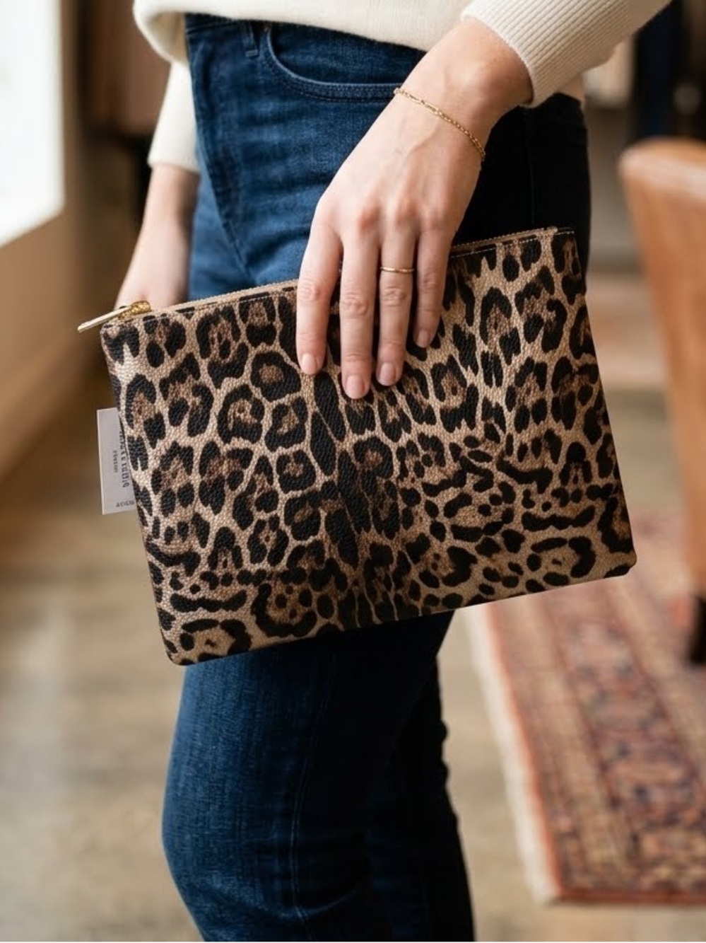 B Brentano Clutch Bag Leopard Animal Sand Brown Gold Pebble Tassel pockets NWT